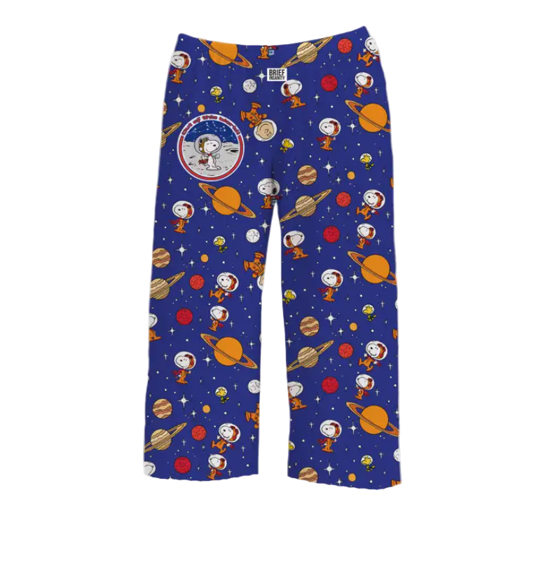 Blue pants with space-themed cartoon character print on a white background