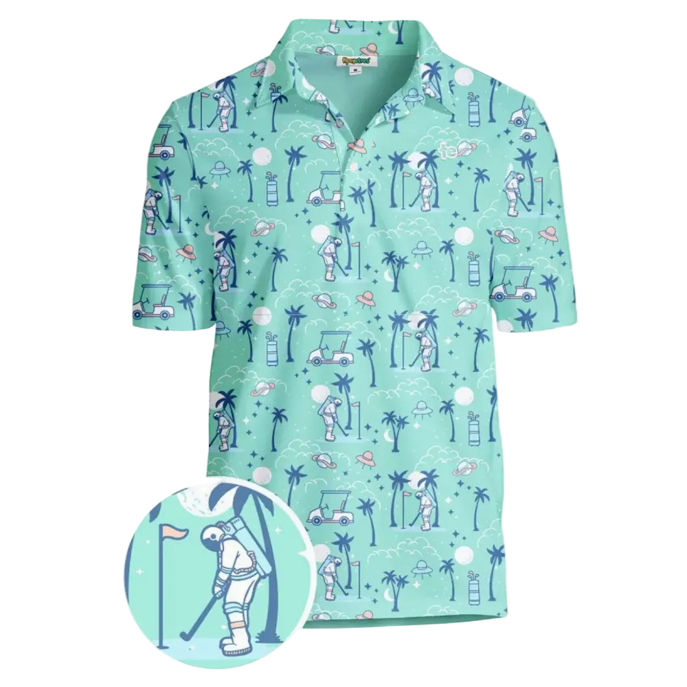 A short-sleeve collared button-up shirt in mint green with an all-over tropical golf-themed print featuring palm trees, golf balls, clubs, and golf carts. A circular inset at the bottom left shows a close-up of one of the astronaut golf illustrations.