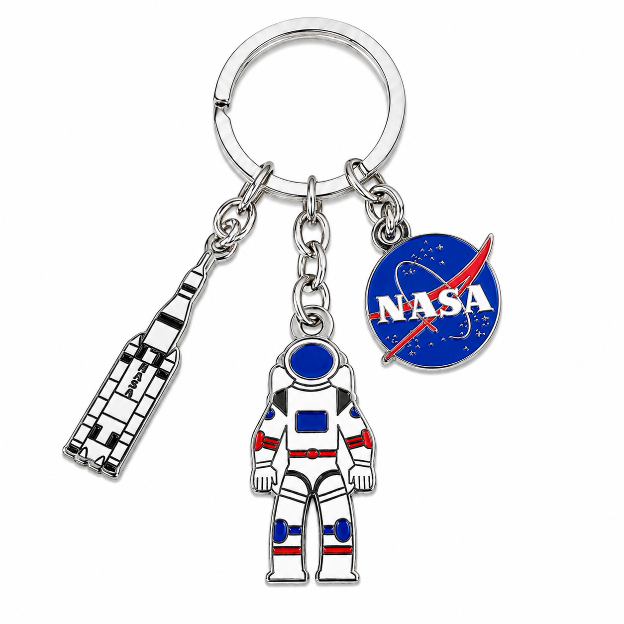 A silver metal keychain featuring three charms: a miniature space shuttle, an astronaut figure, and a blue NASA logo medallion, shown on a plain white background.