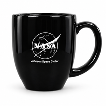 Black JSC ceramic mug with white NASA insignia and Johnson Space Center lettering