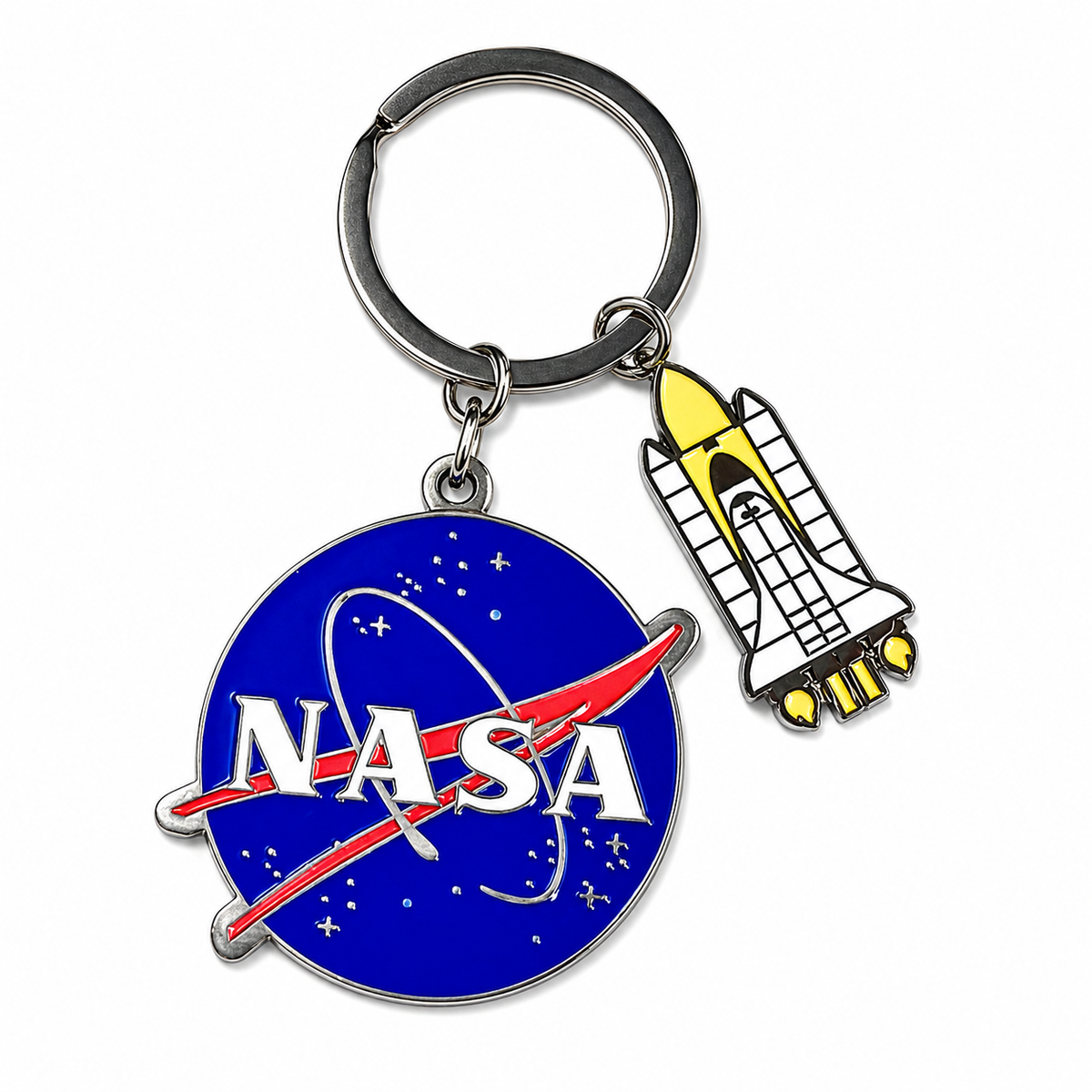 NASA-themed keychain with a circular blue NASA emblem charm and a white space shuttle charm on a silver split ring, shown on a plain white background.