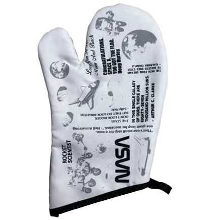 White oven mitt with NASA branding and space-themed graphics on a white background