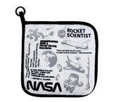 Potholder with NASA-themed graphics and text on a white background