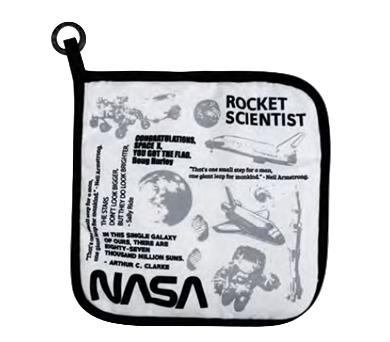 Potholder with NASA-themed graphics and text on a white background