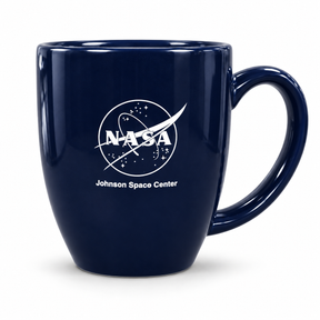 Cobalt JSC ceramic mug with white NASA insignia and Johnson Space Center lettering